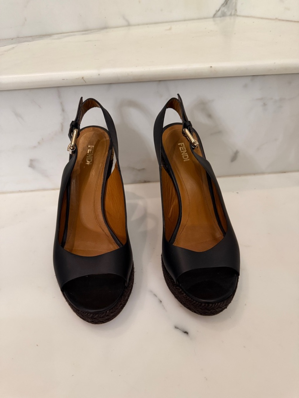 Fendi Black Leather Peep-Toe Espadrille Wedge Slingbacks